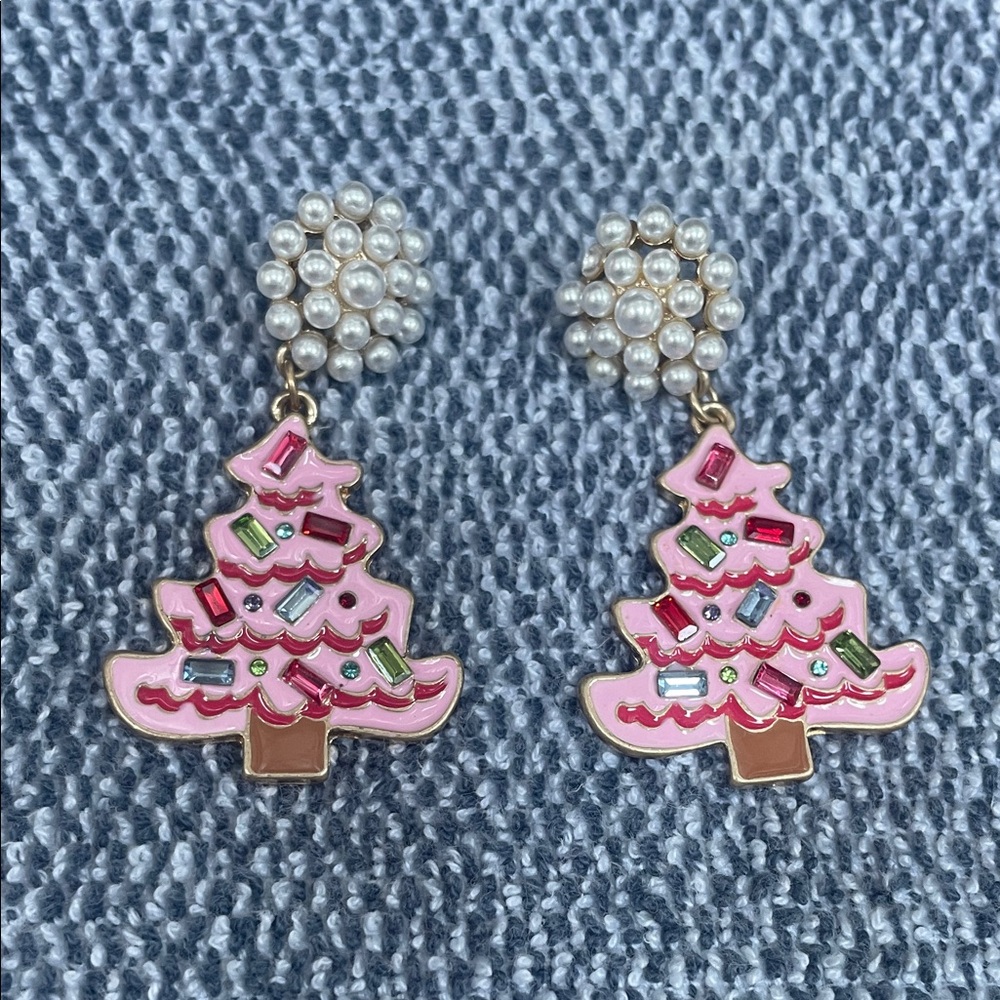 Pink Christmas Tree Earrings with Pearl Accents
